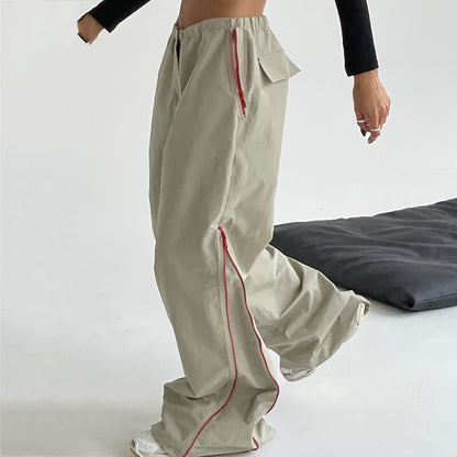 Loom & Soul Women’s All-Matching Loose Trousers – Cotton Low-Waist Wide-Leg Pants with Pocket Design (Khaki)