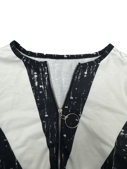 Haut Colorblock Rayé Zippé – T-shirt en Maille Élégant à Manches Longues
