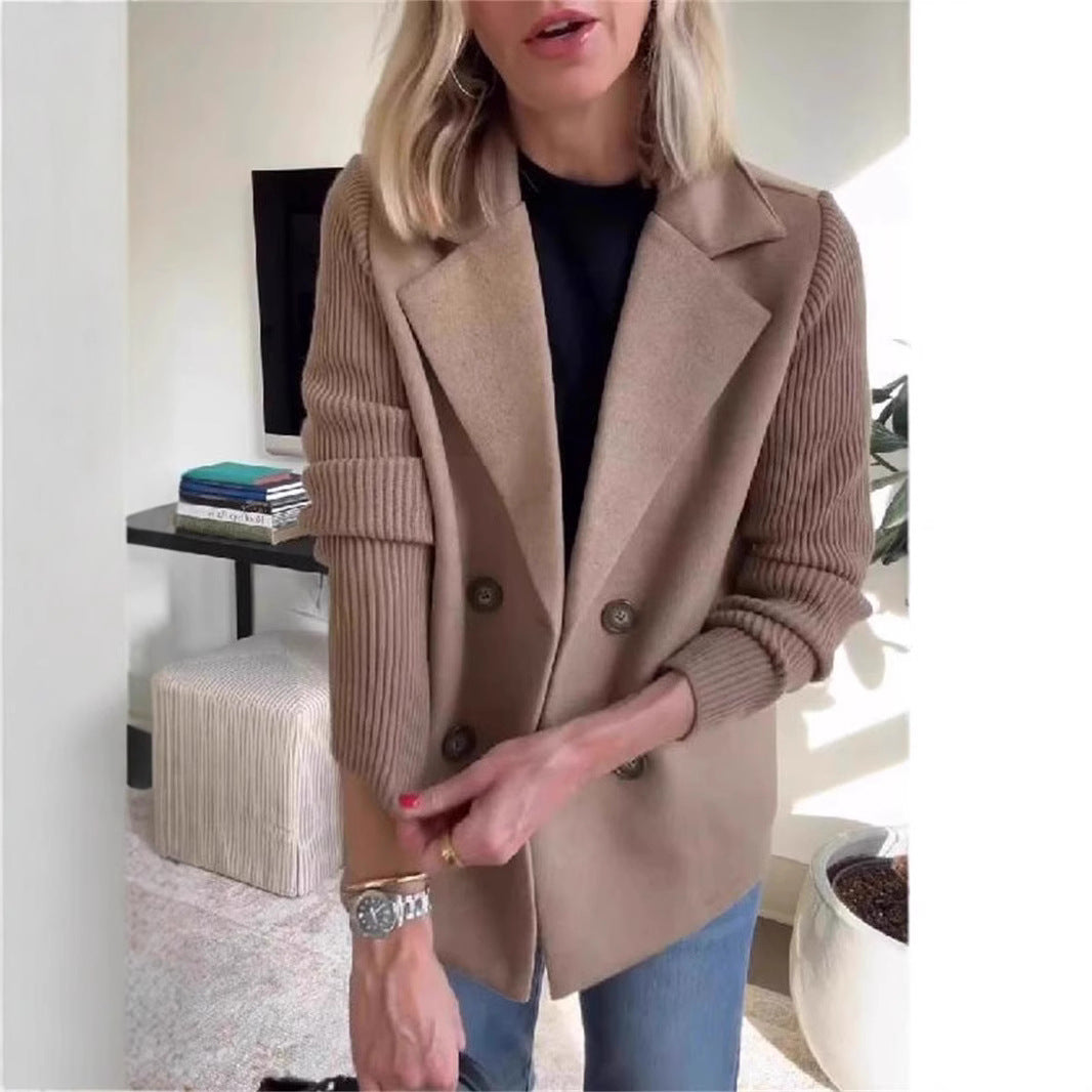 Women’s Double-Breasted Lapel Jacket – Knit Sleeve Spliced Coat