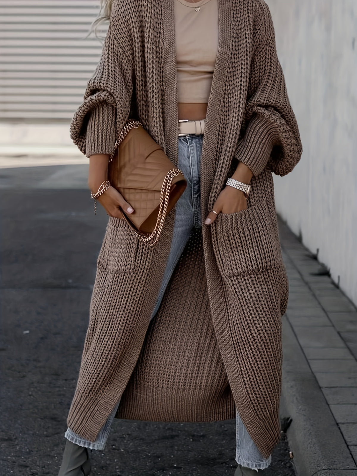 Elegant Deep V-Neck Ribbed Cardigan – Women’s Fall/Winter Knit Sweater