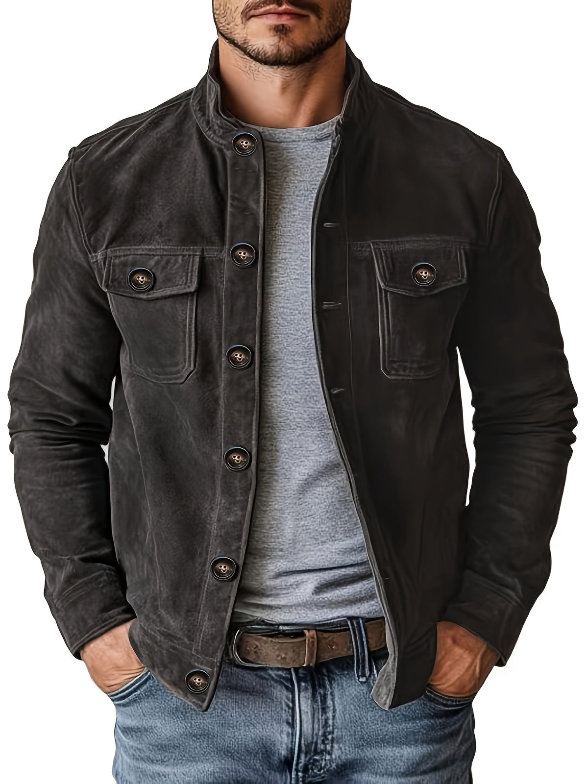 Veste en faux daim pour homme – Manteau décontracté à col montant boutonné