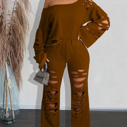 Conjunto de 2 piezas para mujer, hombros descubiertos, efecto envejecido – Top de manga larga y pantalón rasgado