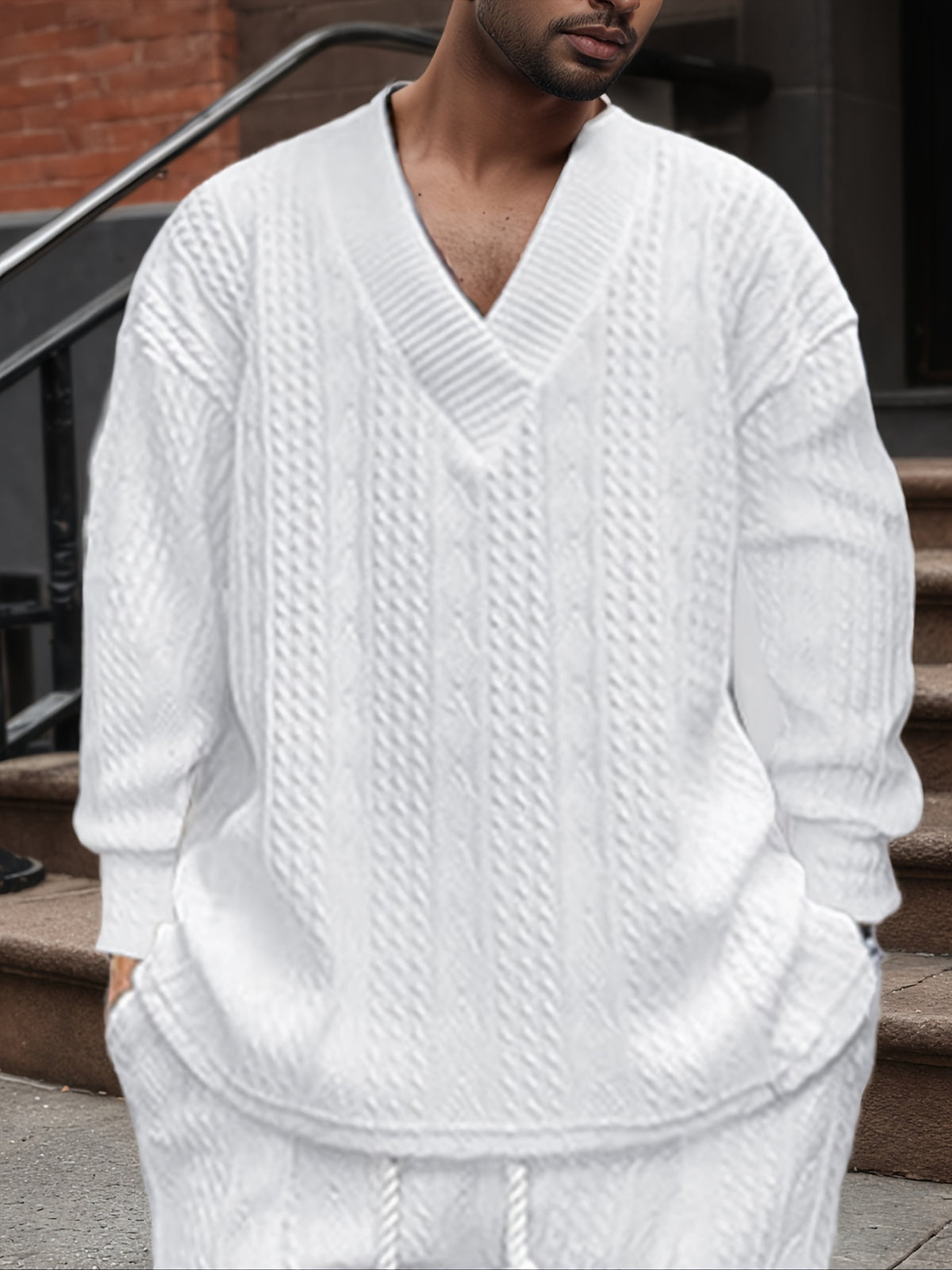 Men’s V-Neck Knit Sweater – Jacquard Rib Casual Pullover