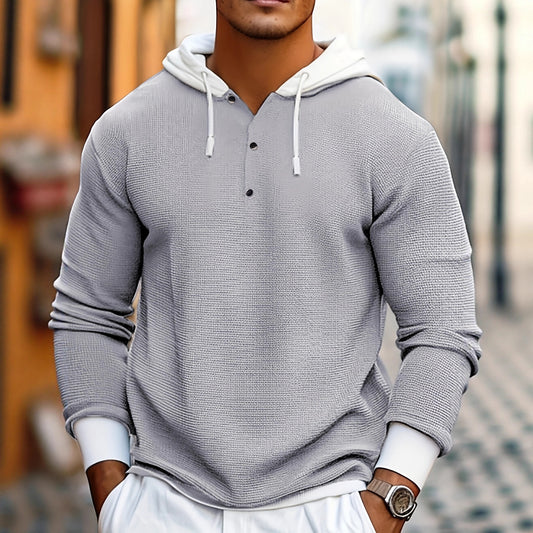 Men’s Waffle-Knit Button Hoodie – Contrast Long Sleeve Slim Fit