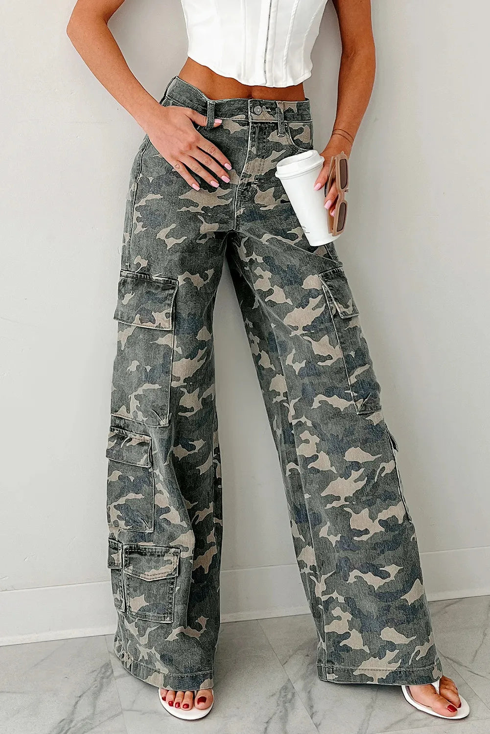 Women’s Camo Denim Cargo Pants – Wide Leg Utility Jeans