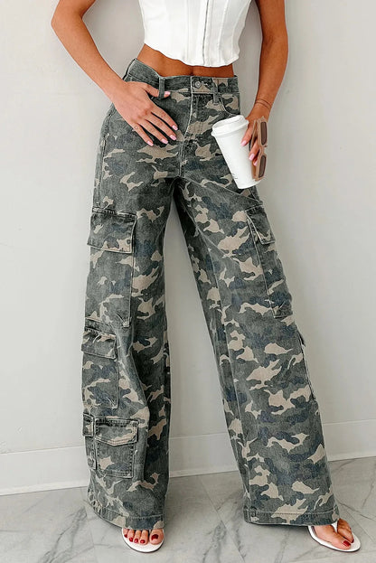 Women’s Camo Denim Cargo Pants – Wide Leg Utility Jeans