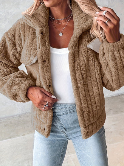 Veste douillette rose pâle en peluche pour femme – Manteau d'hiver chaud à revers boutonné
