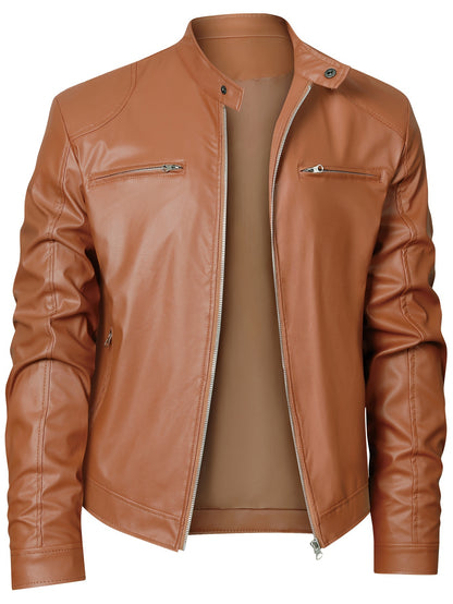 Veste de moto zippée pour homme – Col montant en cuir PU marron