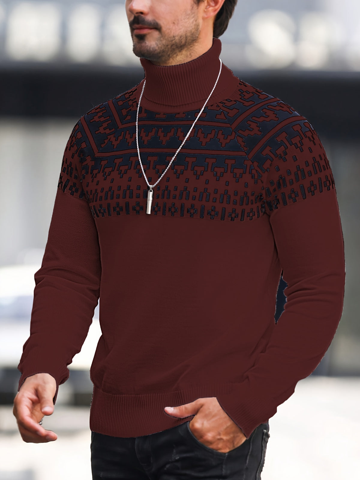 Men’s Geometric Turtleneck Sweater – Casual Knit Pullover for Fall & Winter