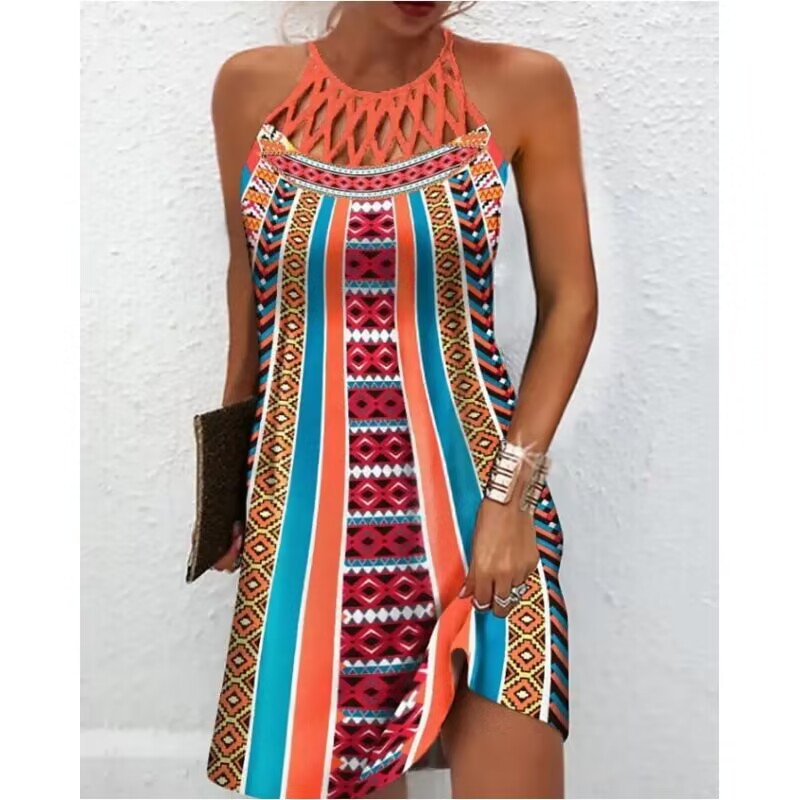 Robe d'été dos nu imprimée – Robe midi trapèze décontractée pour femme