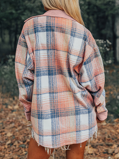 Shacket à carreaux pour femme – Col à revers, boutonnée, épaules tombantes, automne/printemps