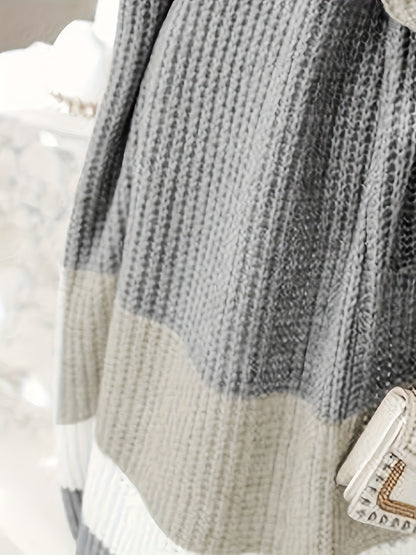 Women’s Cozy Color Block Cardigan – Belted Gray & White Knit