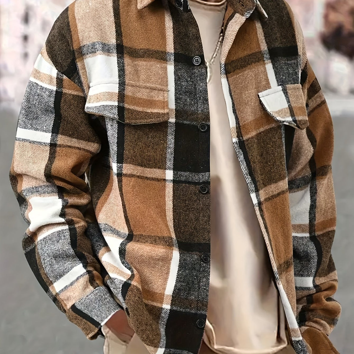 Men’s Vintage Plaid Shirt – Black & White Check Loose Button-Up Top