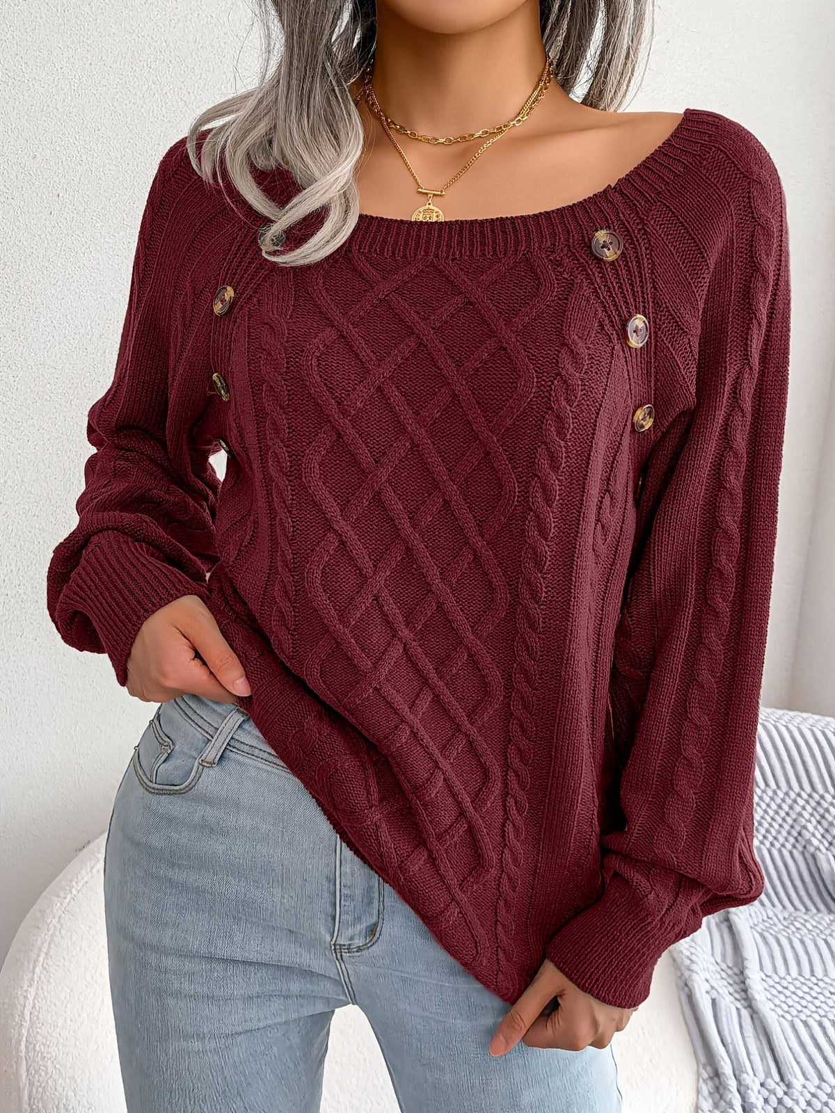 Pull texturé à manches lanternes pour femme – Haut en maille à boutons