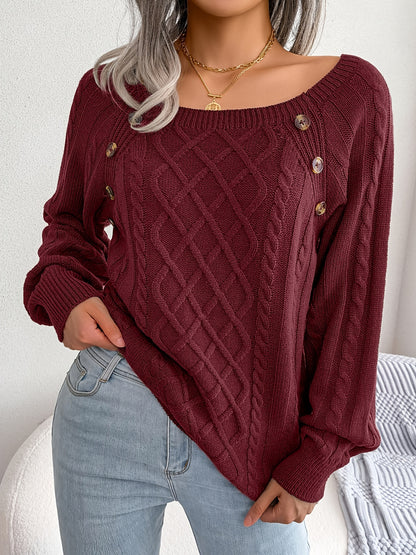 Pull texturé à manches lanternes pour femme – Haut en maille à boutons