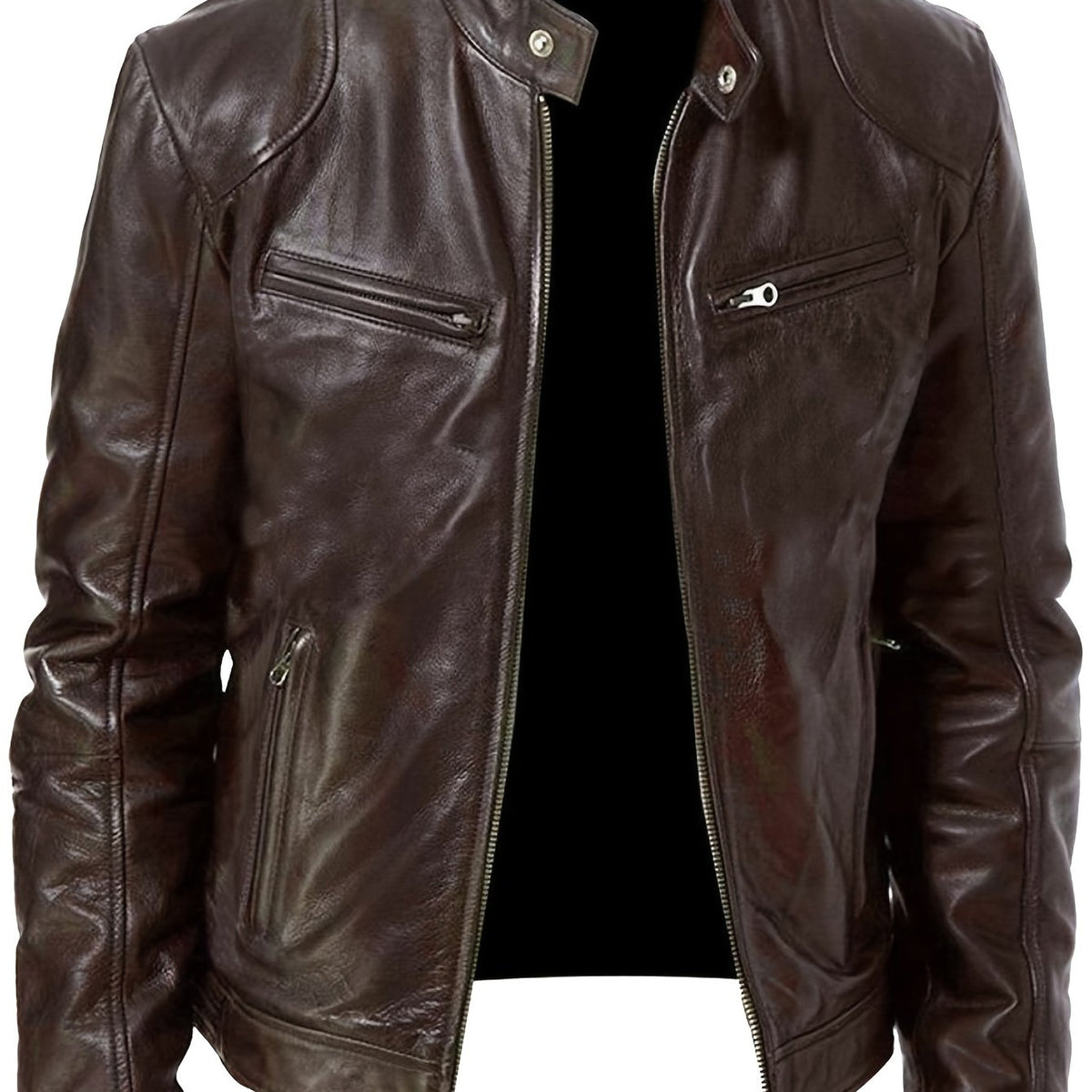 Veste de moto zippée pour homme – Col montant en cuir PU marron