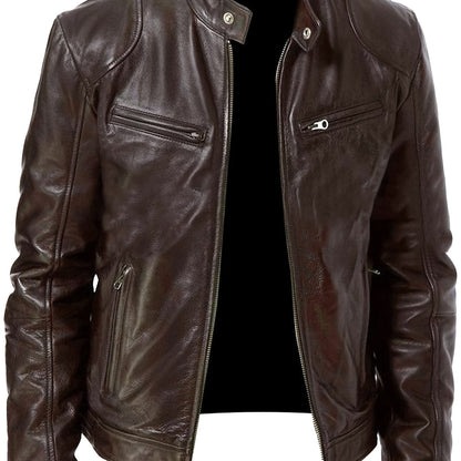 Veste de moto zippée pour homme – Col montant en cuir PU marron