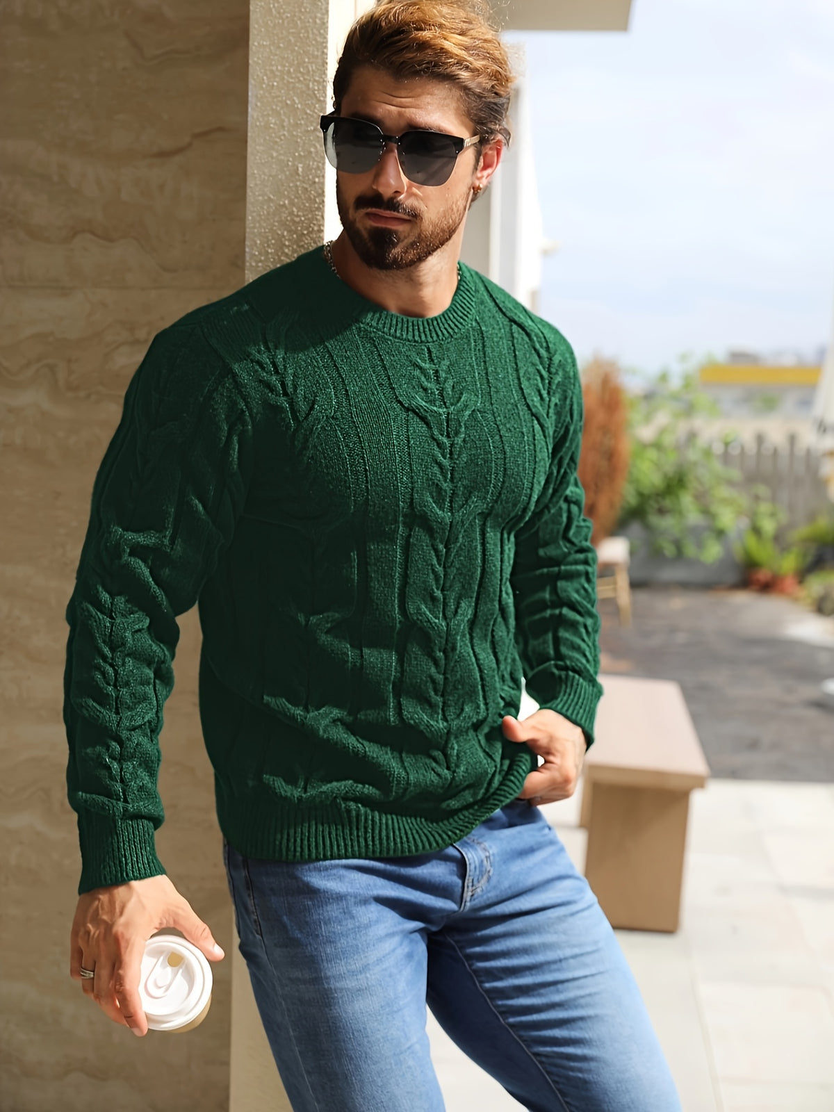 Suéter de punto a rayas para hombre – Suéter suave con cuello redondo y ribete acanalado