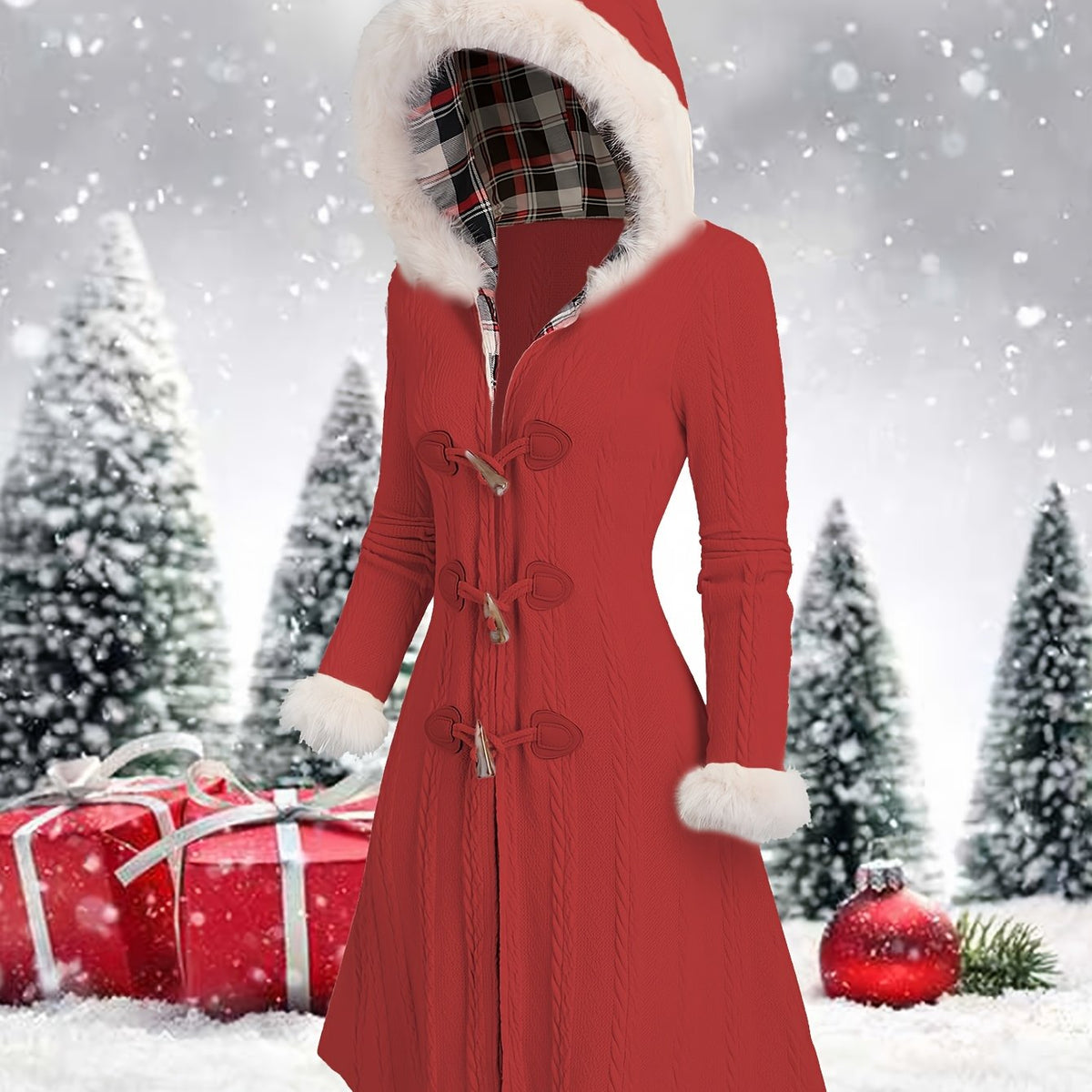 Manteau à capuche écossais Y2K pour femme – Veste longue d'hiver patchwork rouge et blanc