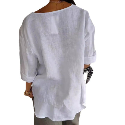 Haut boutonnée en coton et lin à col en V pour femme Loom & Soul™ – Blouse ample à manches longues
