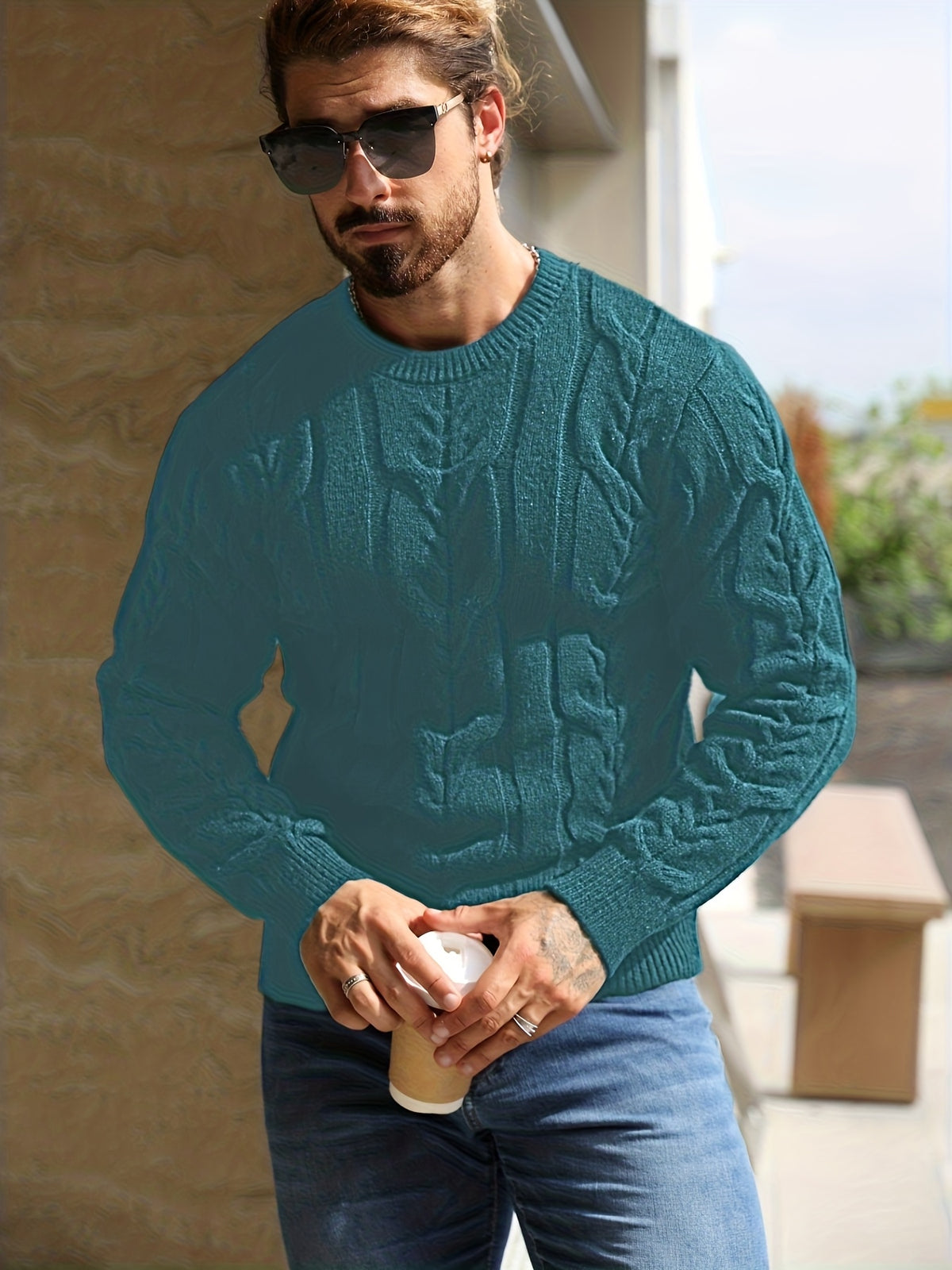 Suéter de punto a rayas para hombre – Suéter suave con cuello redondo y ribete acanalado