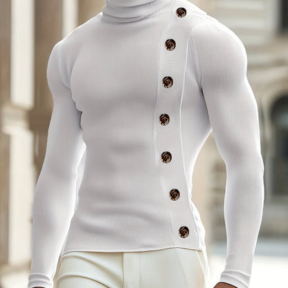 Men’s Slim Turtleneck Base Layer – Button Detail Knit Shirt