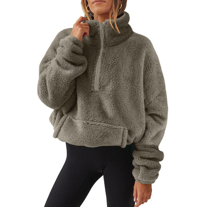 Pull en velours polaire demi-zip pour femme – Col montant, chandail d'hiver