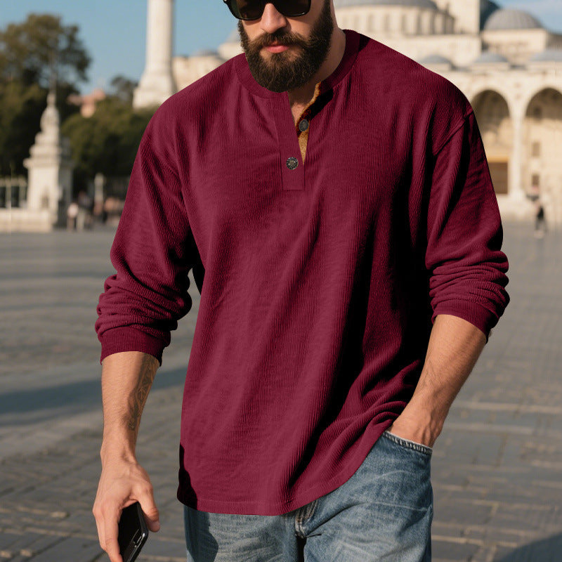 Men’s Retro Corduroy Henley Shirt – Long Sleeve Loose Fit