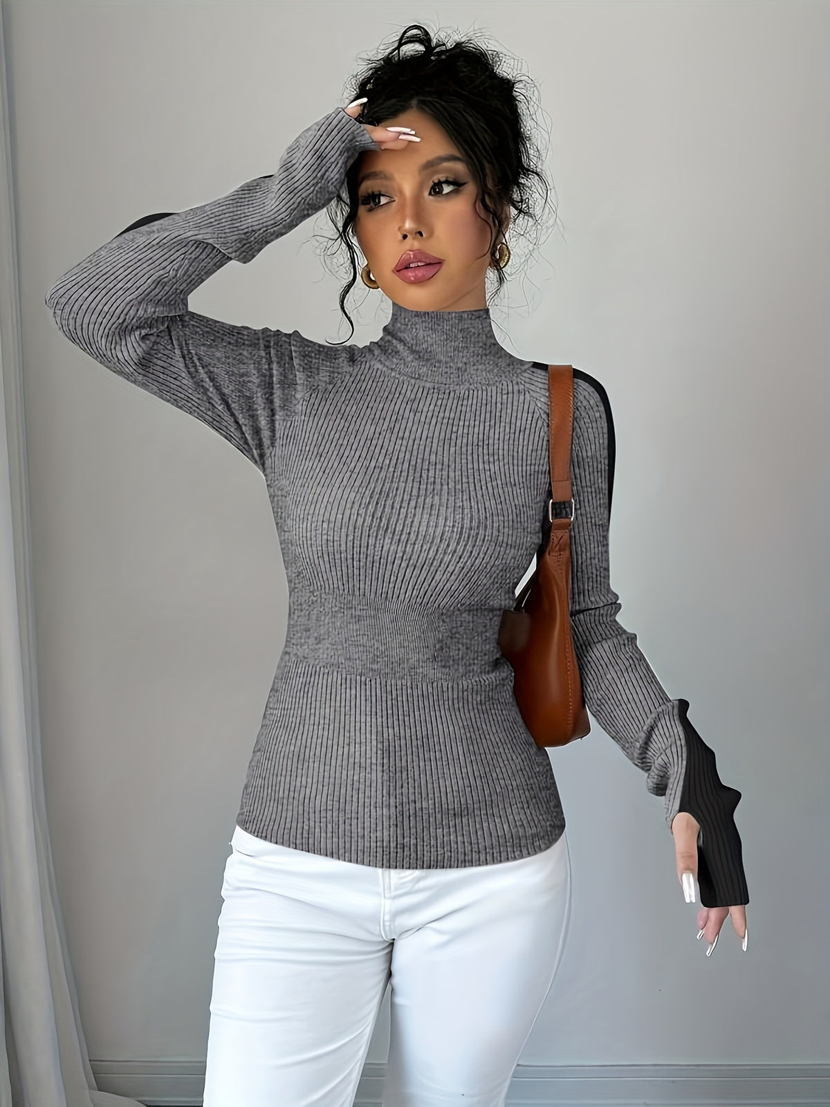 Women’s Color Block Turtleneck Sweater – Elegant Soft Knit Top