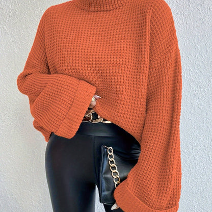 Women’s High-Neck Drop Shoulder Waffle Sweater – Vibrant Blue Knit