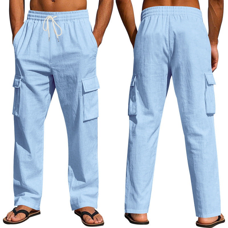 Loom & Soul™ Men’s Linen Cargo Pants – Multi-Pocket Breathable Straight-Leg Workwear Trousers