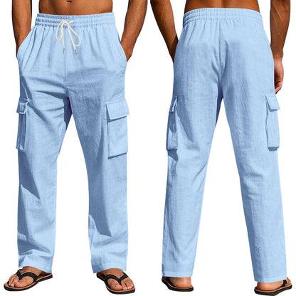 Loom & Soul™ Men’s Linen Cargo Pants – Multi-Pocket Breathable Straight-Leg Workwear Trousers