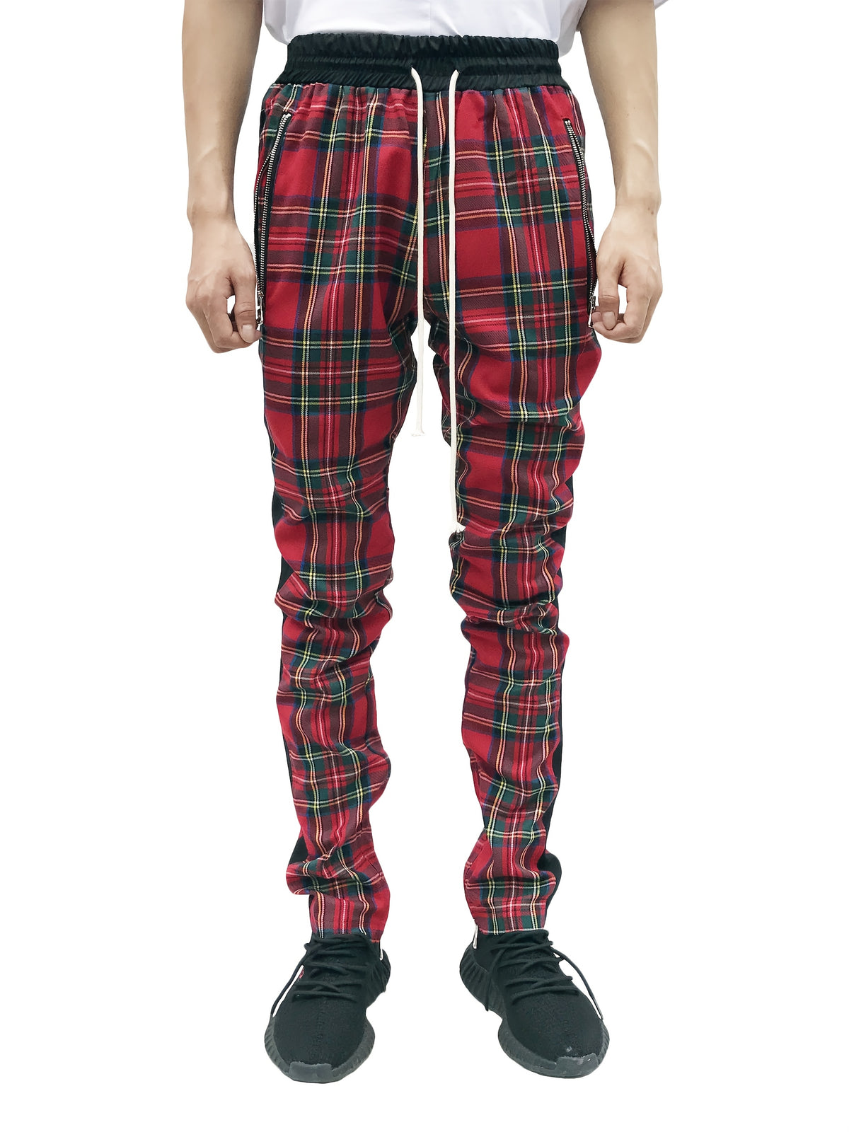Men’s Red & Black Plaid Joggers – 3D Knit Streetwear Trousers