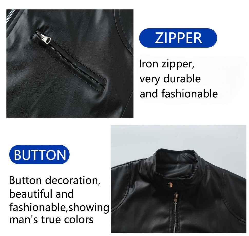 Veste de moto zippée pour homme – Col montant en cuir PU marron
