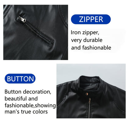 Veste de moto zippée pour homme – Col montant en cuir PU marron
