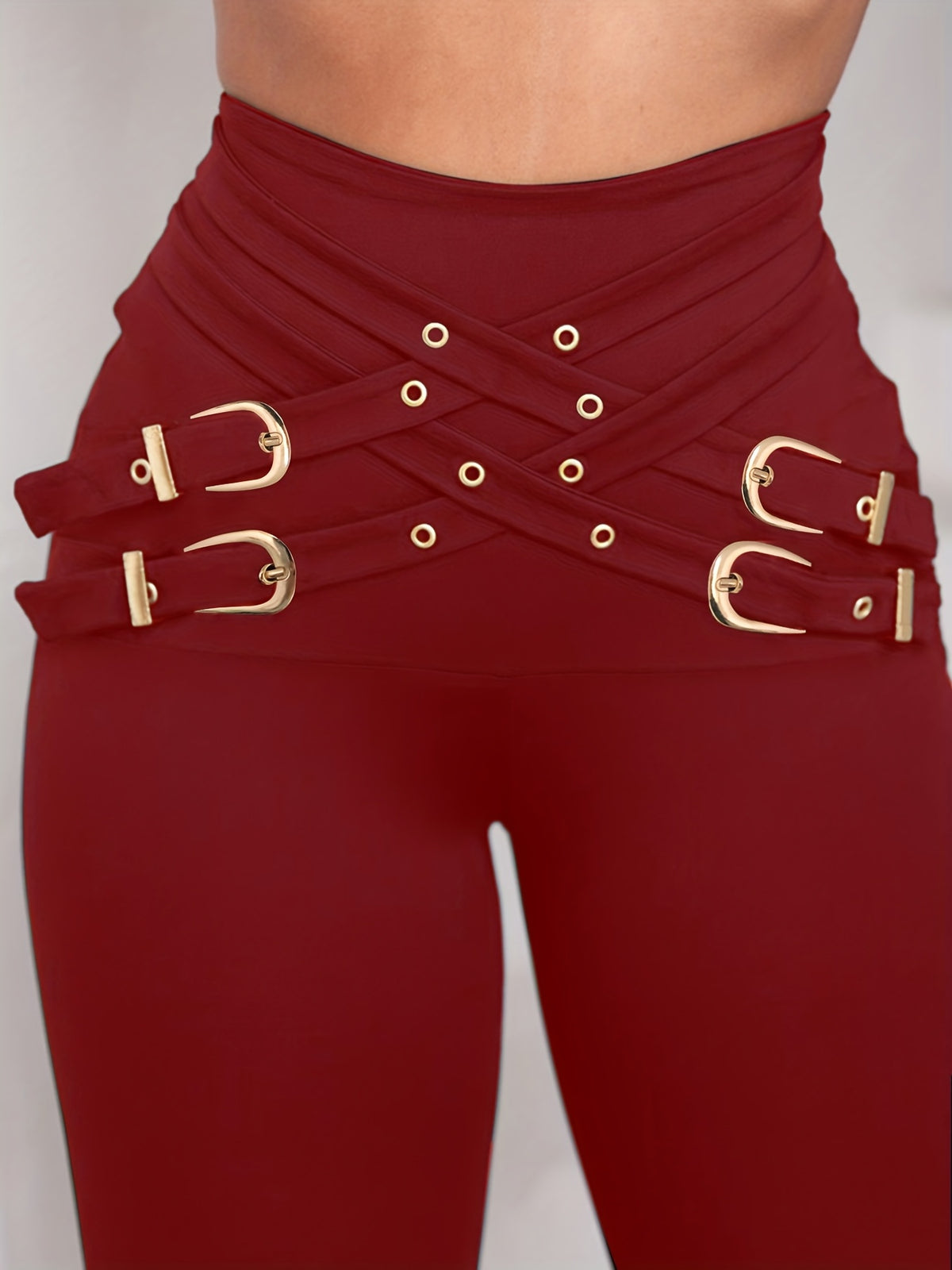 Pantalon taille haute femme à boucles croisées – Legging sculptant extensible