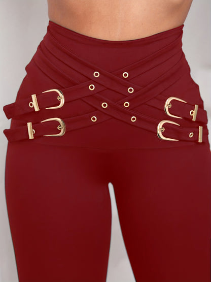 Pantalon taille haute femme à boucles croisées – Legging sculptant extensible