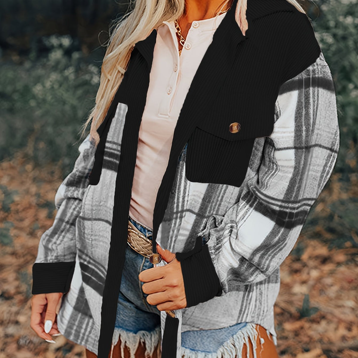 Shacket à carreaux pour femme – Col à revers, boutonnée, épaules tombantes, automne/printemps
