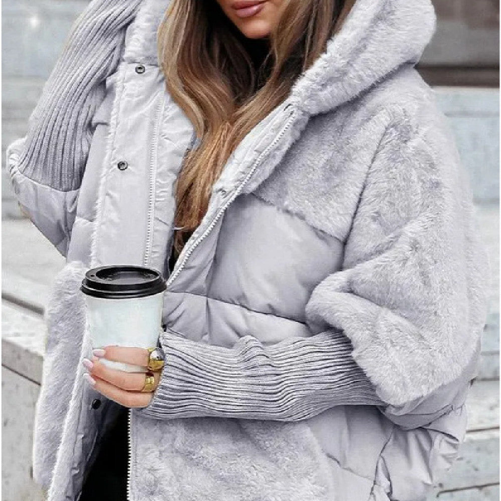 Loom & Soul™ Faux Fur Patchwork Hooded Coat – Women’s Loose Cotton Winter Jacket for Chic Comfort & Warmth