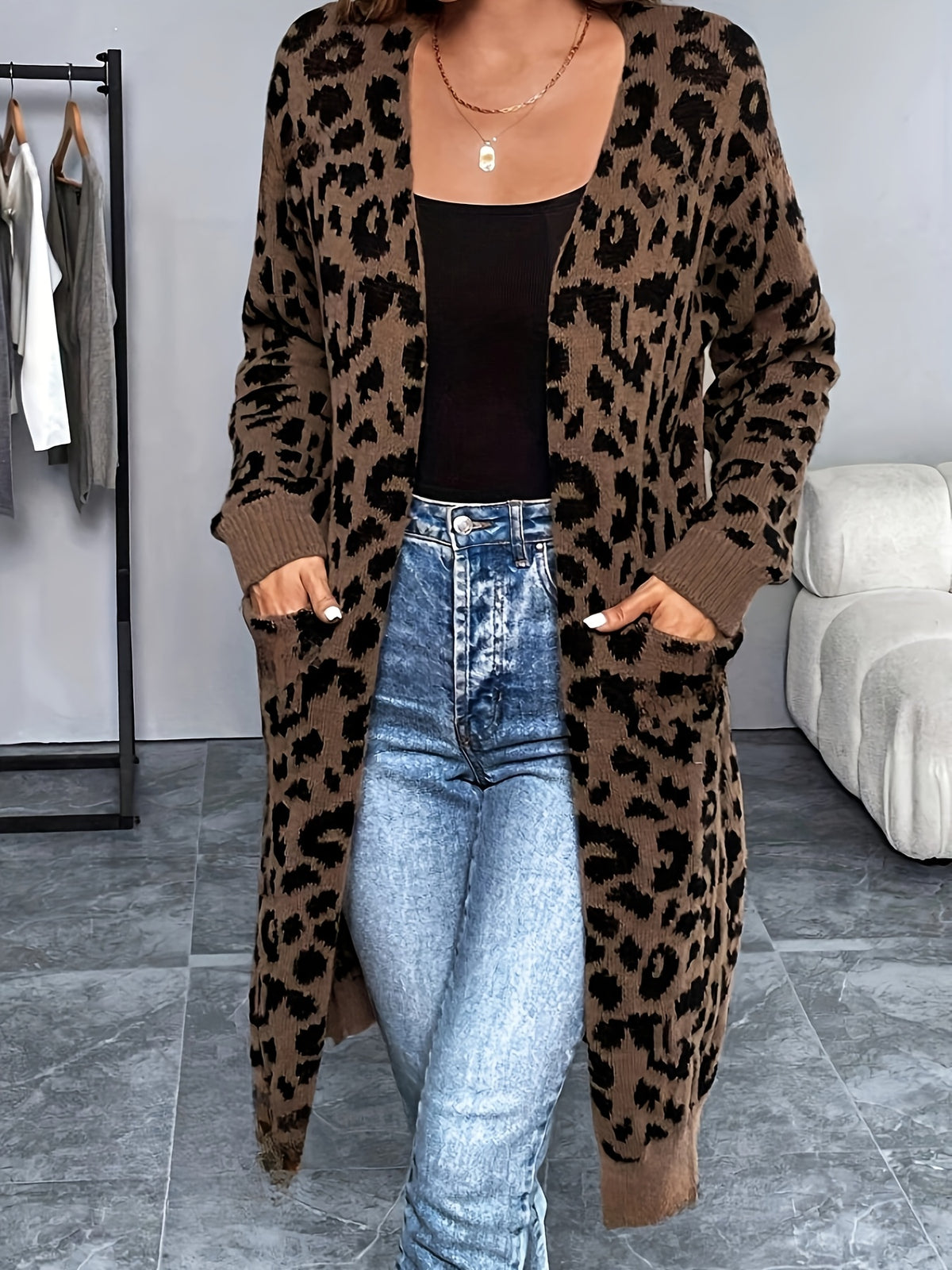 Cardigan imprimé léopard – Chandail douillet sans col en tricot