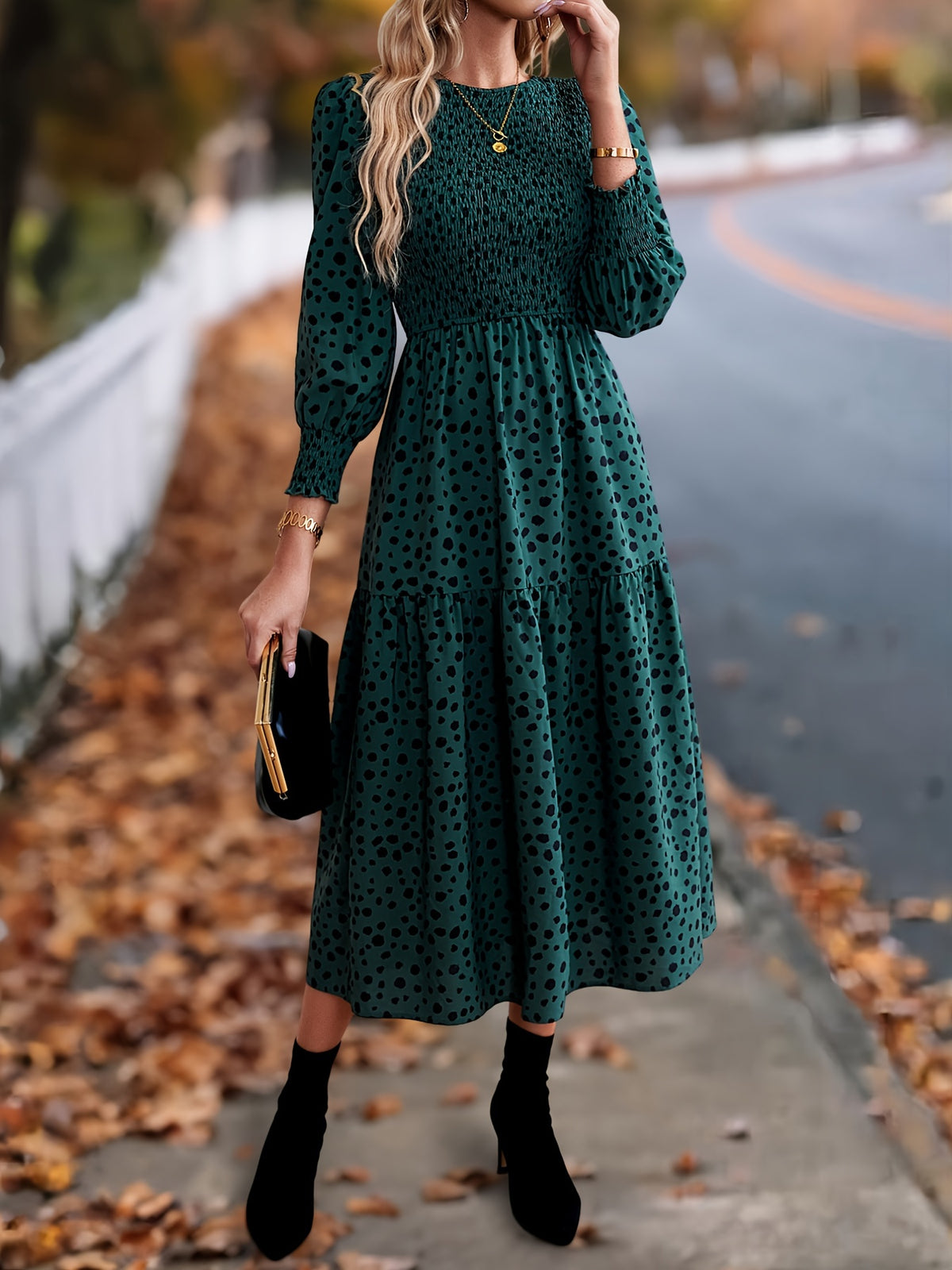 Leopard Print Long Sleeve Maxi Dress – Elegant A-Line Flowing Dress
