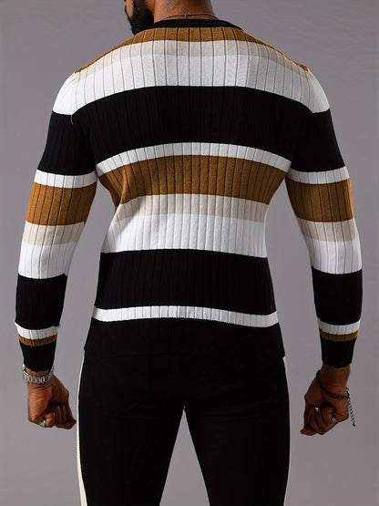 Men’s Striped Ribbed Knit Sweater – Color-Block Fall Winter Pullover