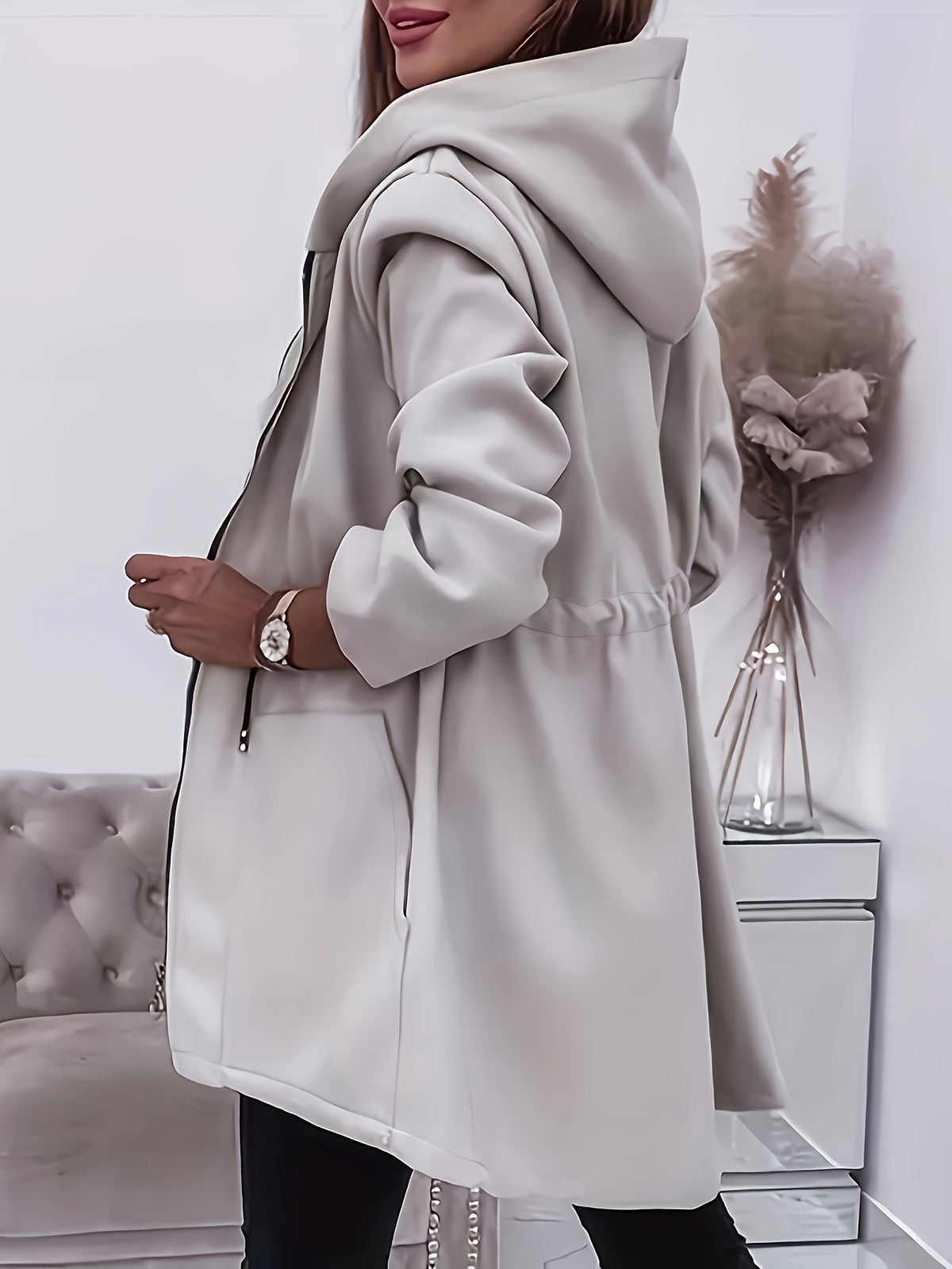 Women’s Solid Hooded Jacket – Machine-Washable Polyester Fall/Winter Coat