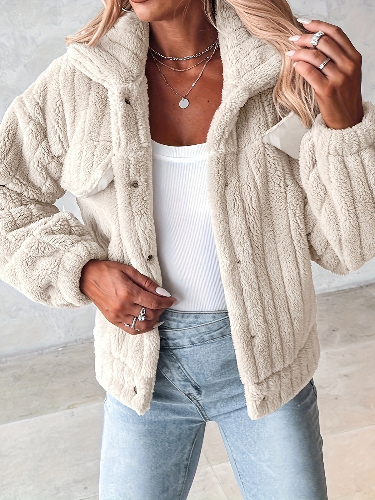 Veste douillette rose pâle en peluche pour femme – Manteau d'hiver chaud à revers boutonné