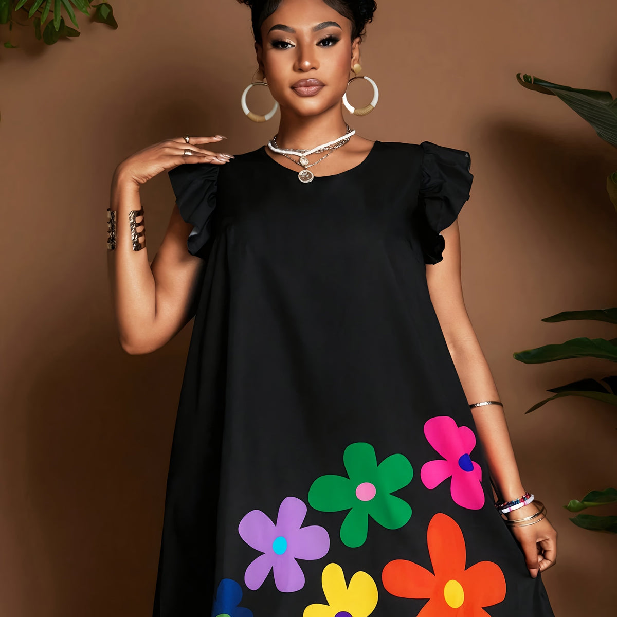 Robe soleil fleurie à manches volantées – Élégante robe d'été longueur genou