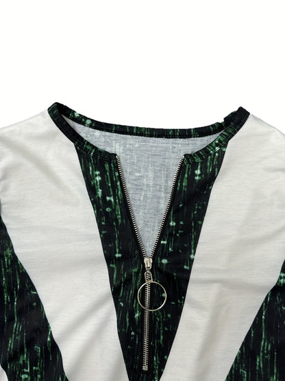 Haut Colorblock Rayé Zippé – T-shirt en Maille Élégant à Manches Longues