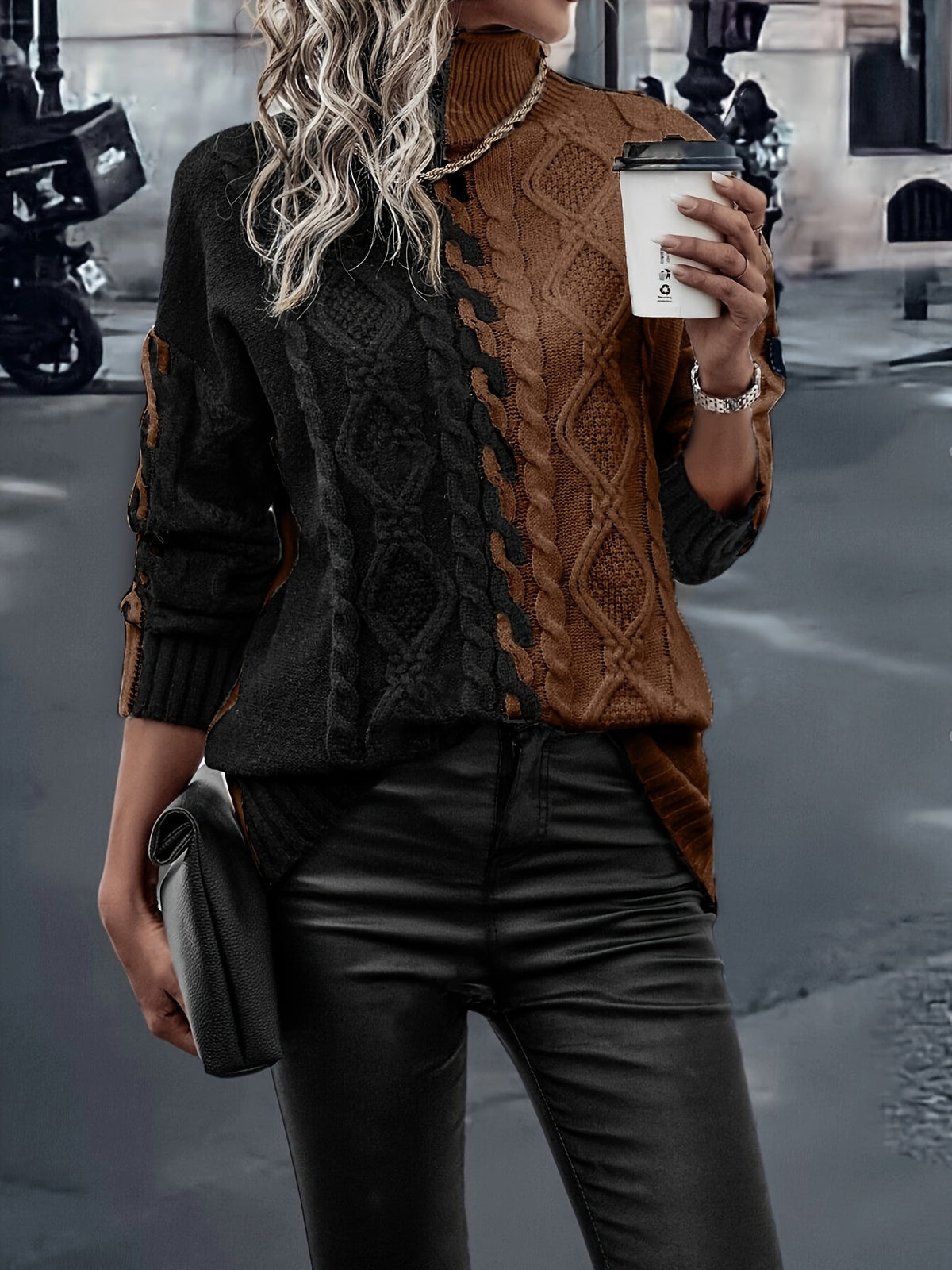 Elegant High-Neck Striped Blouse – Color-Block Knit Long Sleeve Top
