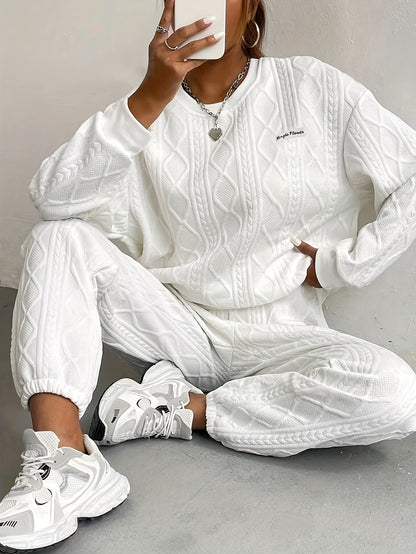 Conjunto de Sudadera Texturizada Beige – Top y Pantalones de Manga Larga para Mujer