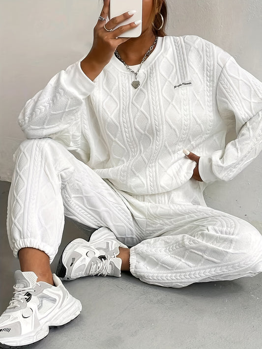Conjunto de Sudadera Texturizada Beige – Top y Pantalones de Manga Larga para Mujer