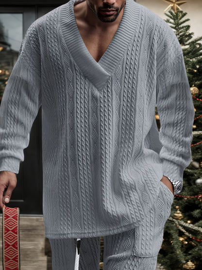 Men’s V-Neck Knit Sweater – Jacquard Rib Casual Pullover
